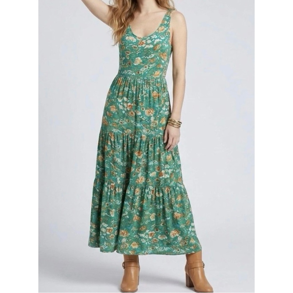 Peruvian Connection Jade Garden Dress Floral Green Tiered Boho Cottage Core M - Picture 3 of 6